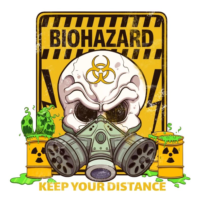 Cartoon Biohazard Skull With Caution Sign