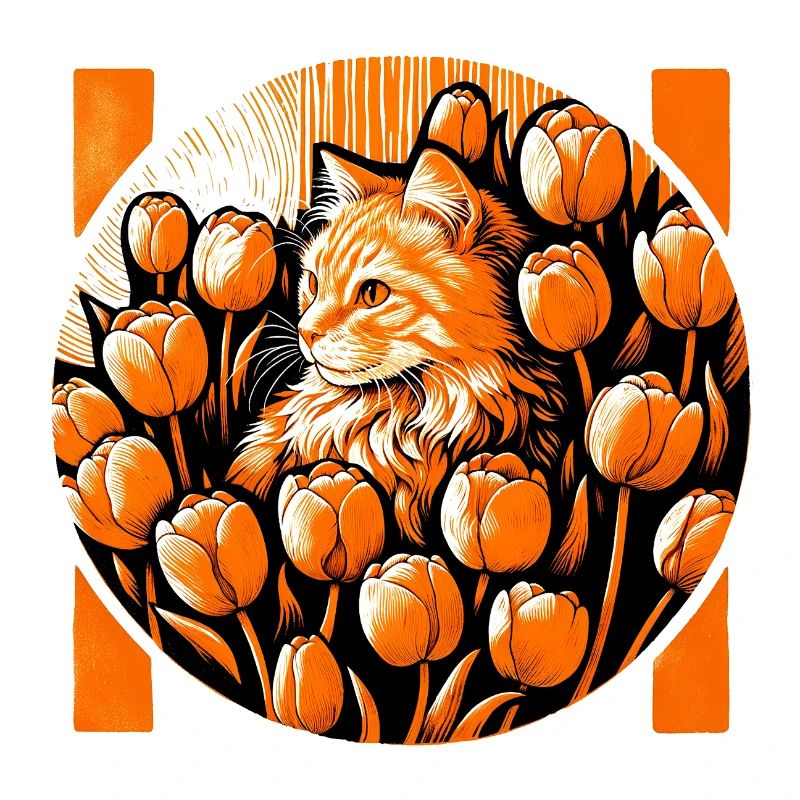 Orangefarbene Katze mit Tulpen