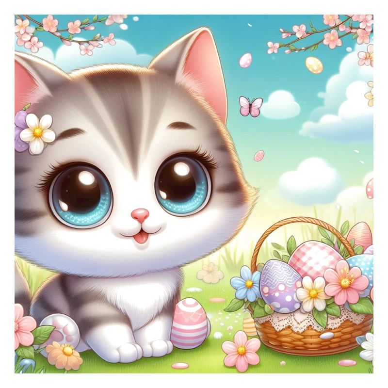 Chaton mignon au printemps avec panier de fleurs
