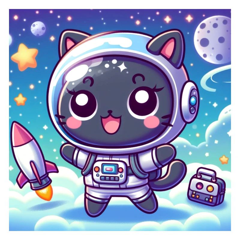 Space Kitty in space with rocket and bag