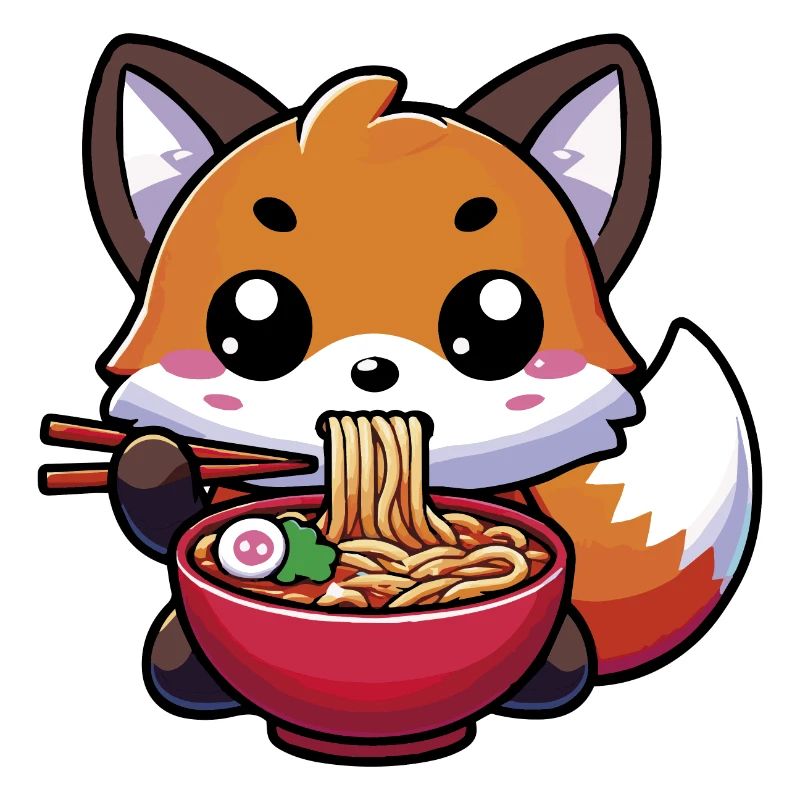 Mignon renard kawaii mangeant des ramen