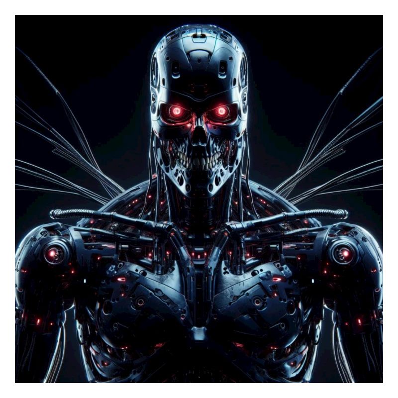Cyborg with red eyes on black background