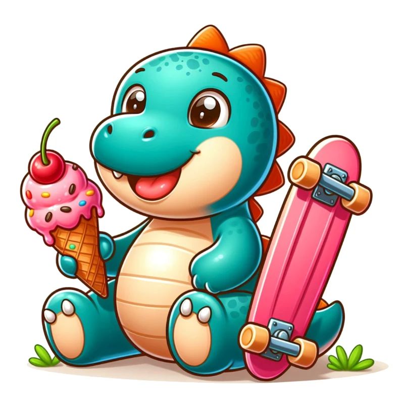 Türkis Dino mit Eiswaffel und Skateboard