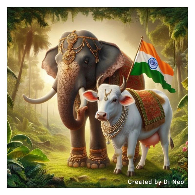 Vache indienne sacrée avec éléphant