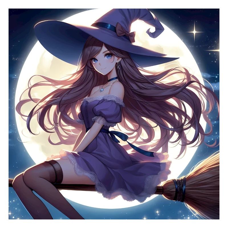 Halloween witch on broom before full moon