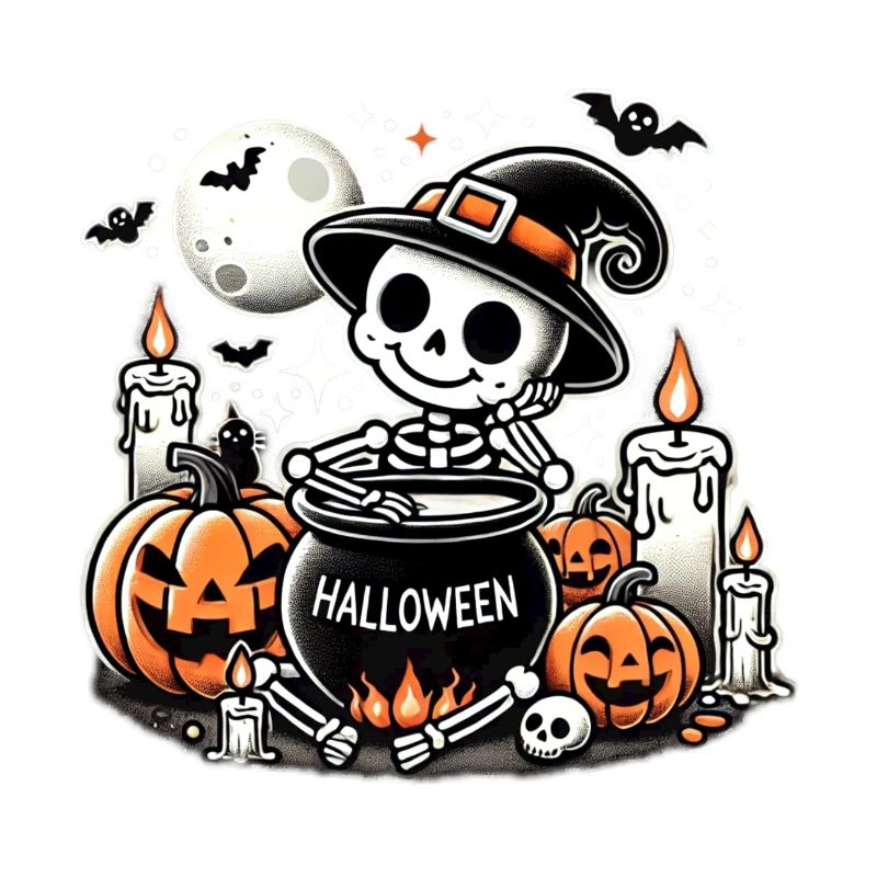 Cute Halloween skeleton with pumpkin and cauldron