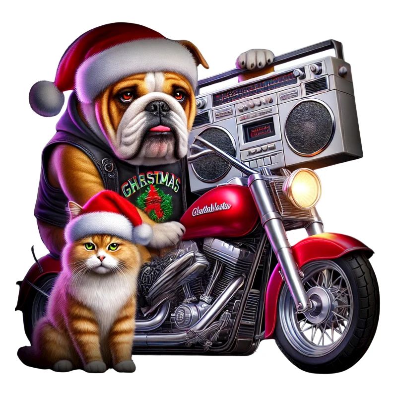 Chat de Noël et bouledogue à vélo