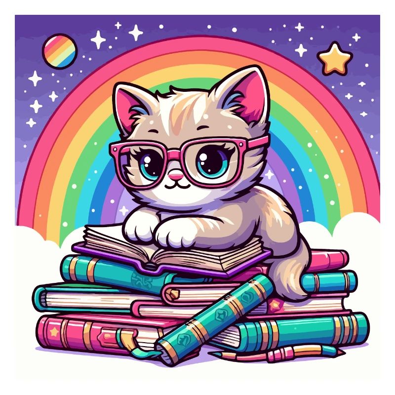 Cute cat reading books under the rainbow