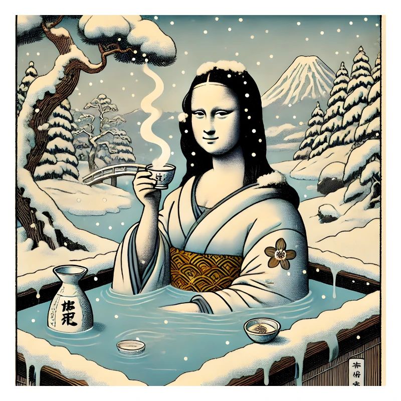 Mona Lisa trinkt Sake im Onsen