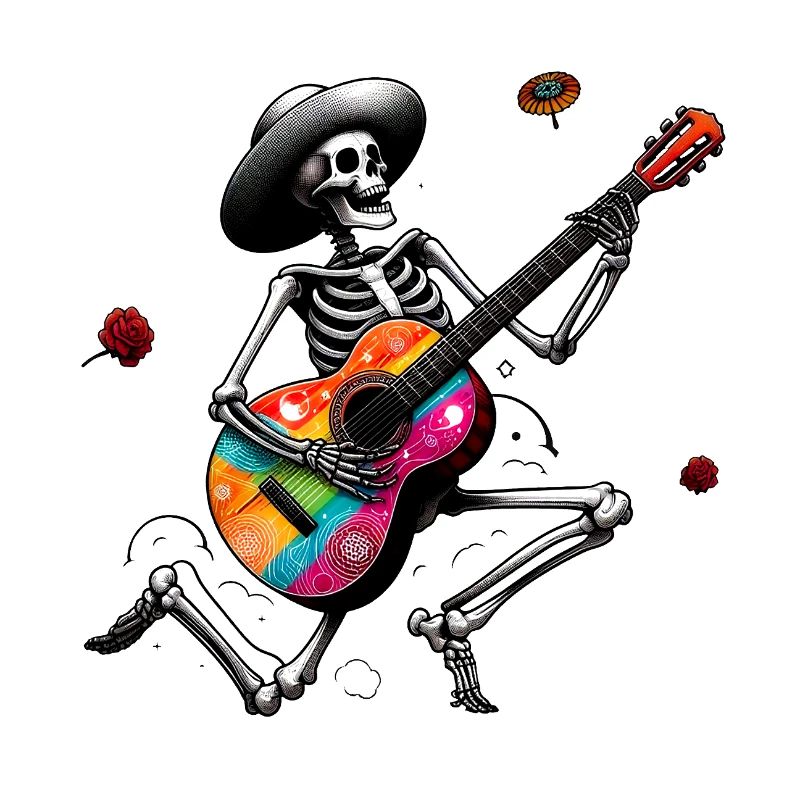 Skeleton playing guitar.