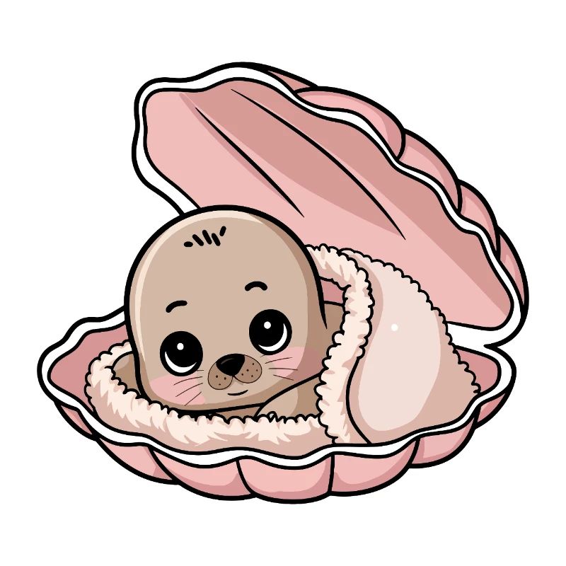 Bébé phoque douillet dans un coquillage rose