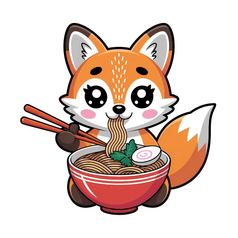 Cute kawaii fox eating ramen