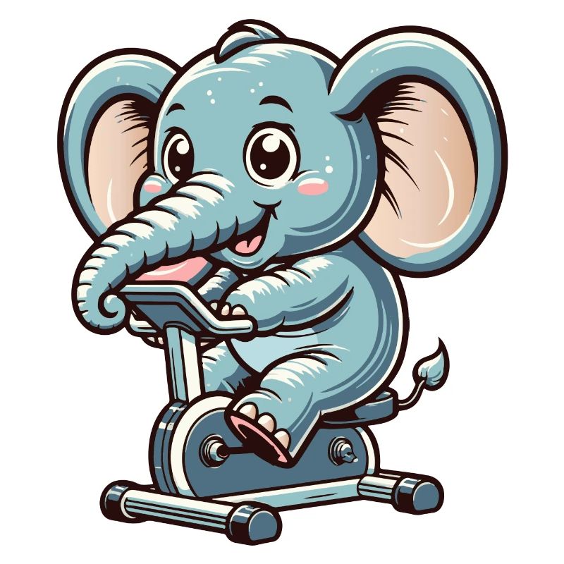 blauer Cartoon-Elefant auf einem Ergometer