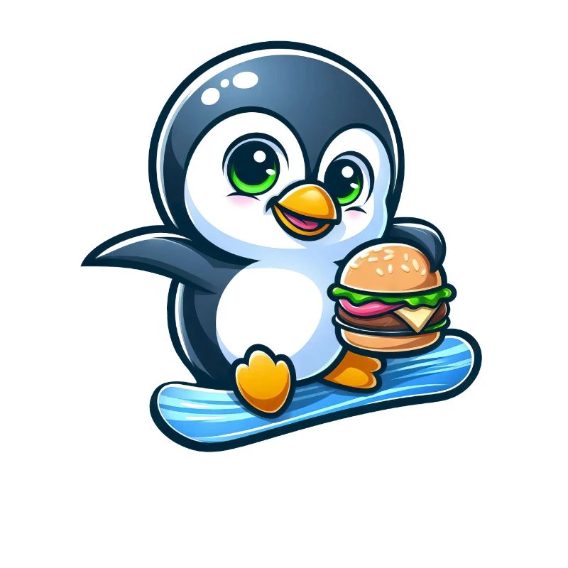 Cool pingouin snowboarder avec burger