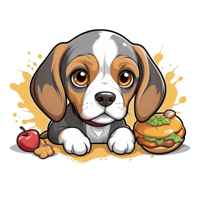 Petit chiot Beagle avec pomme et hamburger