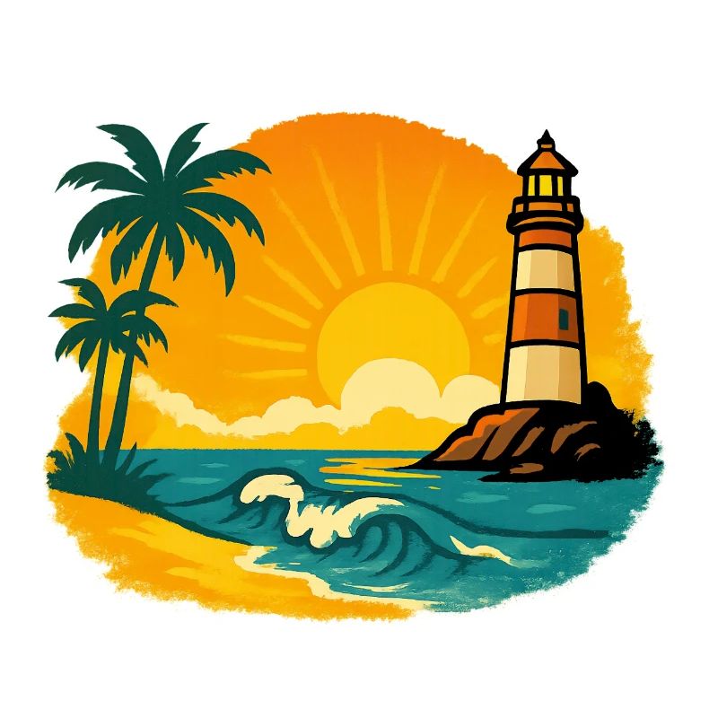 Coucher de soleil avec phare sur une plage tropicale