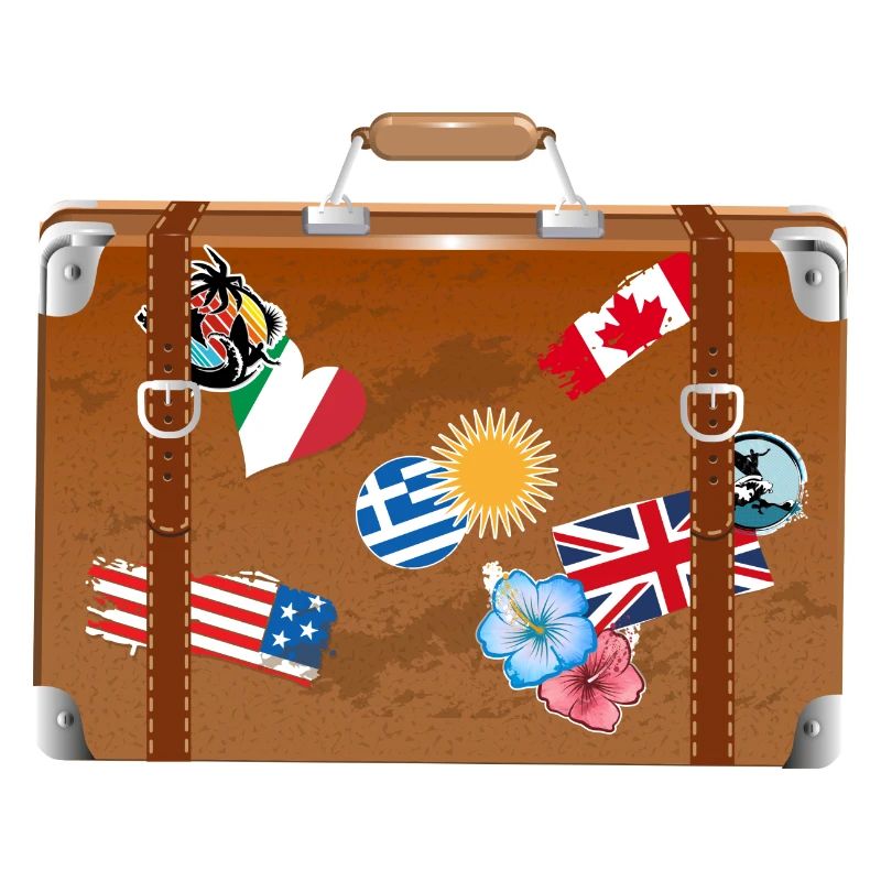 old travel suitcase with stickers from various countries