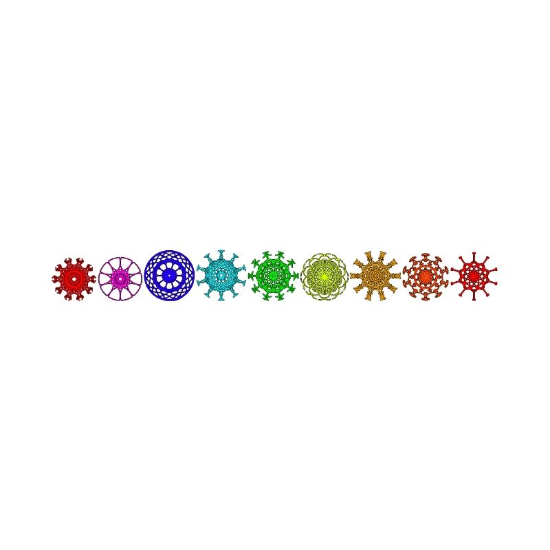 Regenbogenfarbene Mandalas in einer Reihe