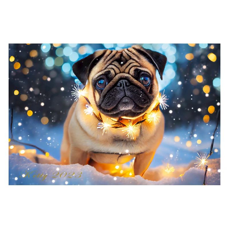 Niedlicher Pug mit Weihnachtslichtern