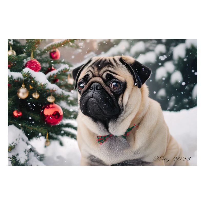 Niedlicher Pug vor verschneifter Weihnachtsbaum