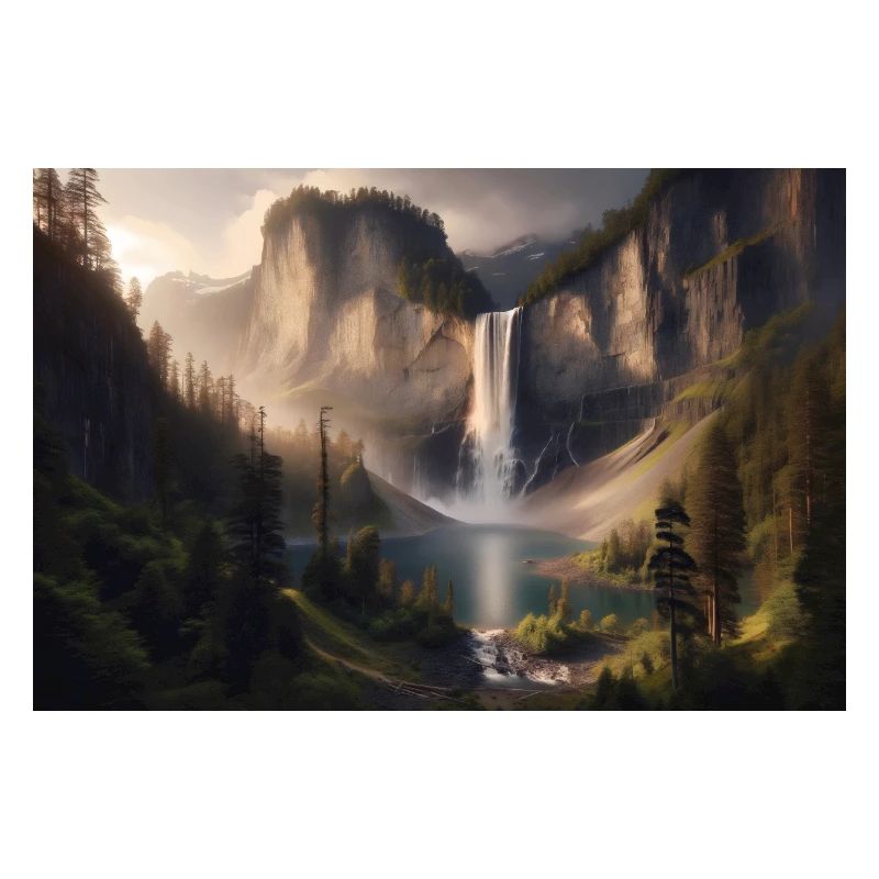 Poster Ölgemälde Berglandschaft mit Wasserfall