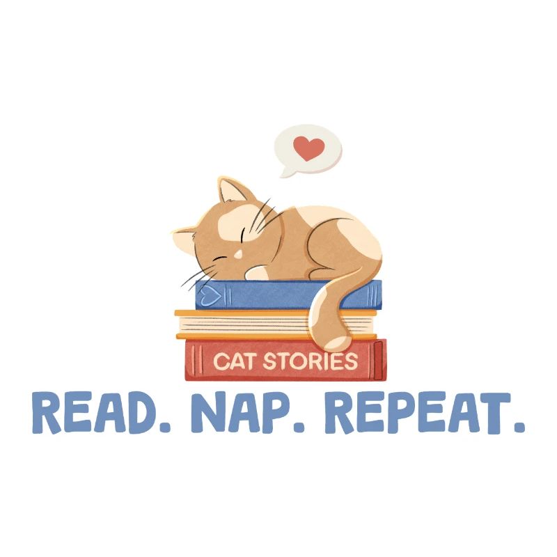 Katze auf Büchern mit Spruch Read. Nap. Repeat.