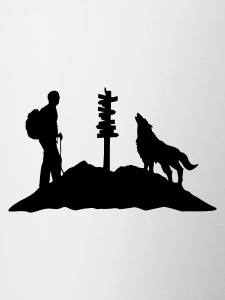 Hiking man, wolf & mountain