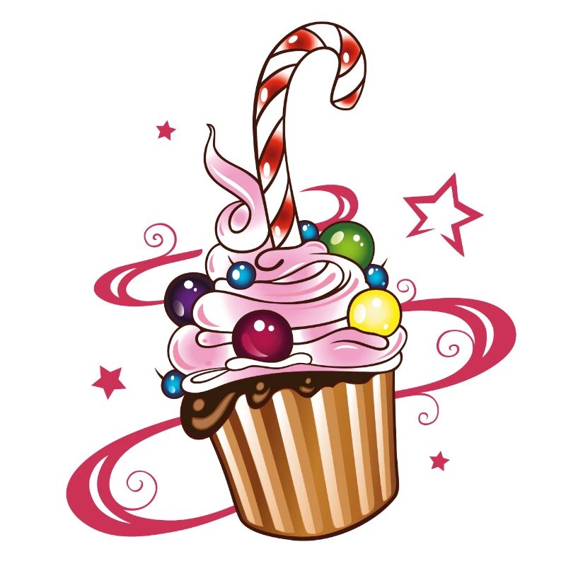 Colorful Muffin with sweets and candy cane.