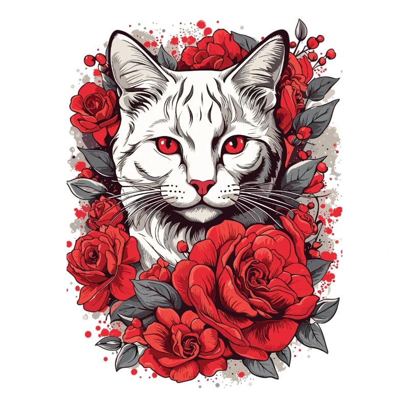 Look chat rose rouge, chat avec des roses