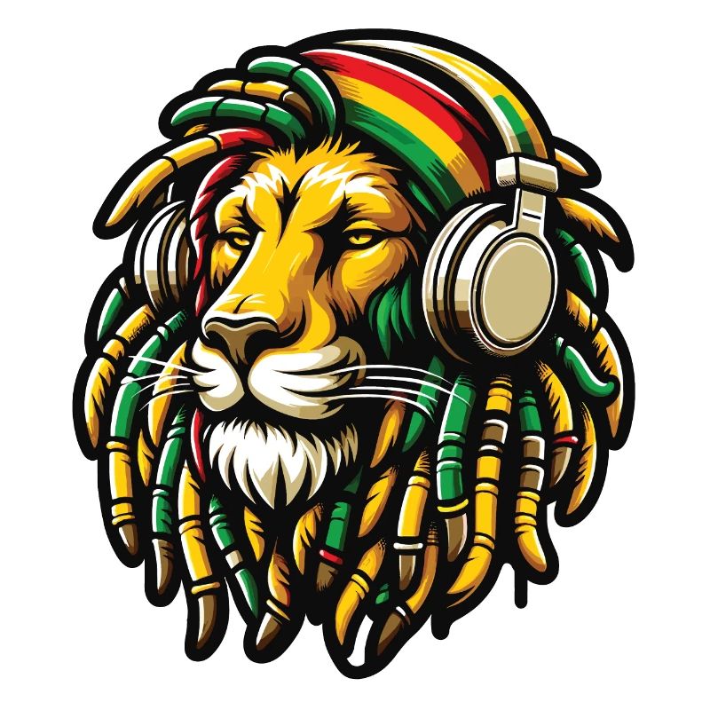 Ein Rasta-Löwe mit Dreadlocks und Kopfhörern