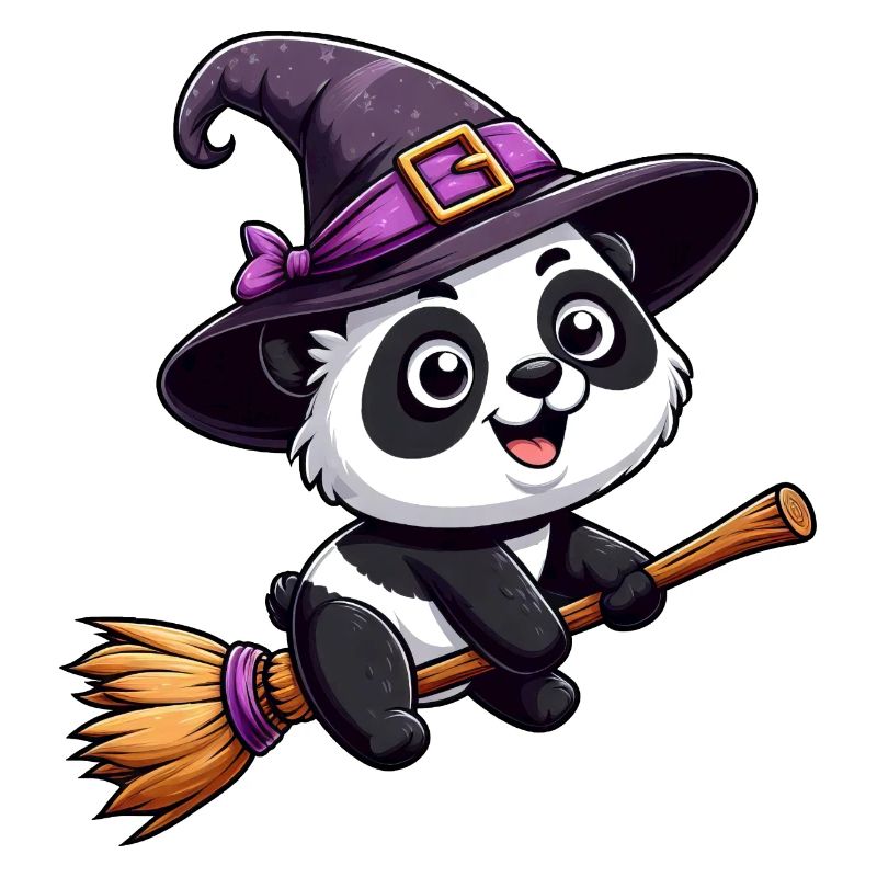 Halloween Panda Sorcière avec Balai de Sorcière Bande Dessinée Mignon