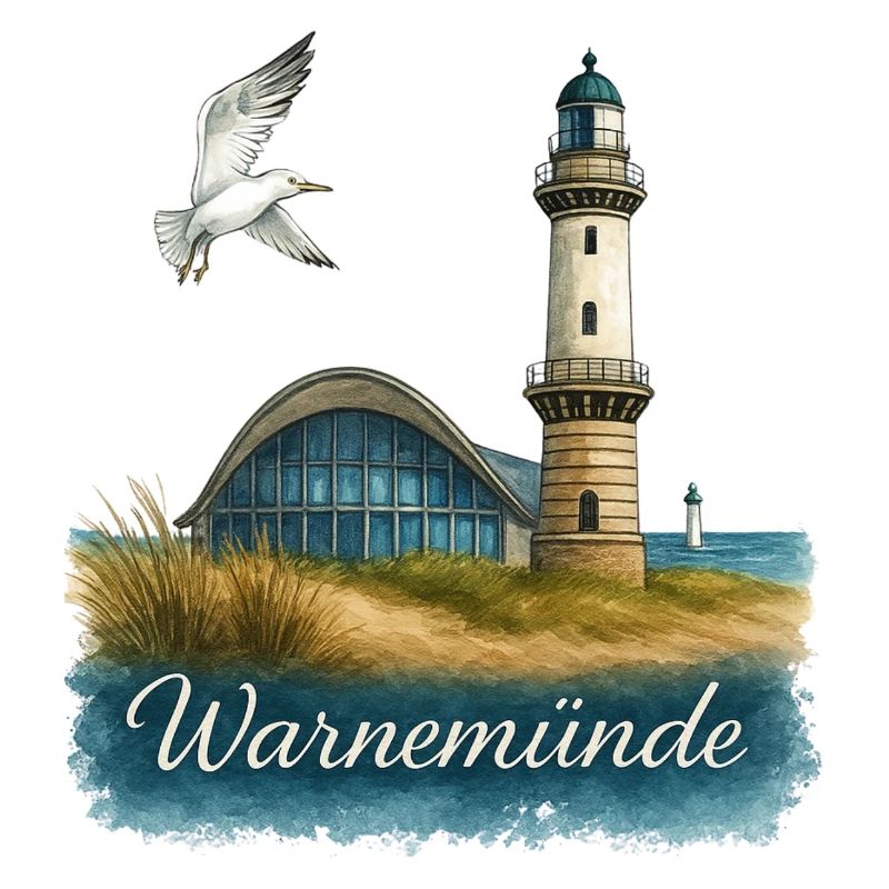 Warnemünde Teepot und Leuchtturm mit Möwe