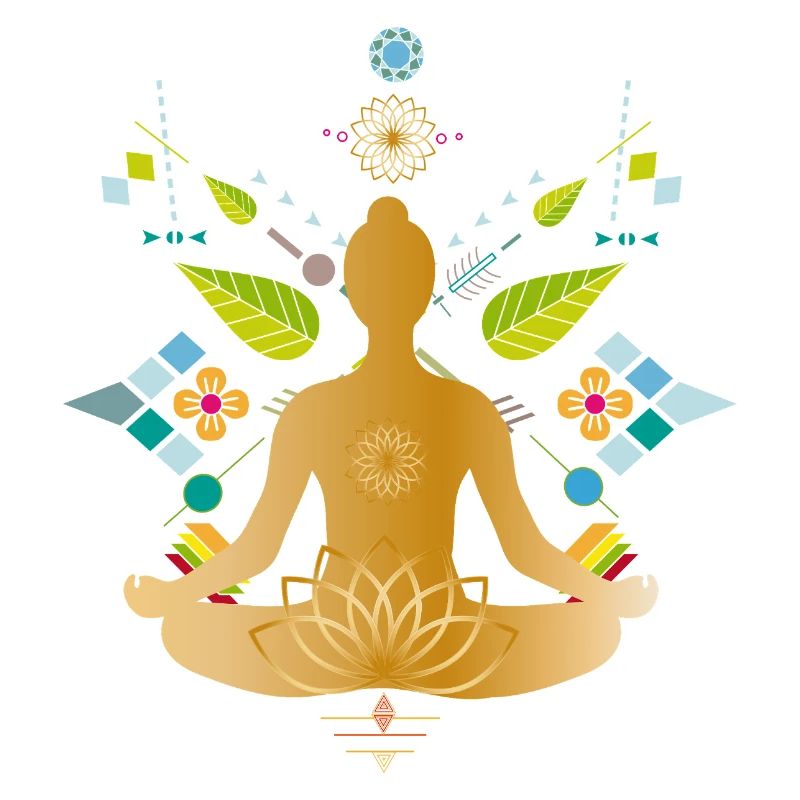 Silhouette de yoga dorée avec des éléments colorés