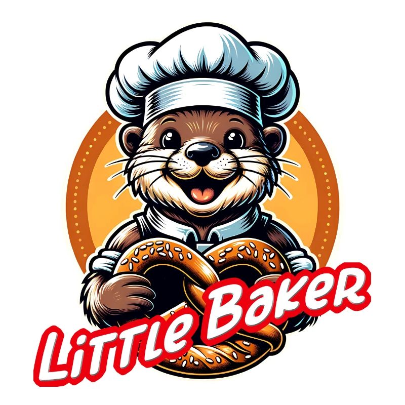lustiger kleiner Otter mit Bäckermütze und Brezel