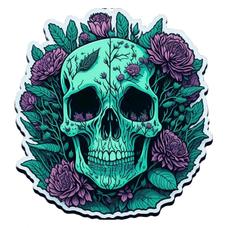 Crâne avec des fleurs violettes