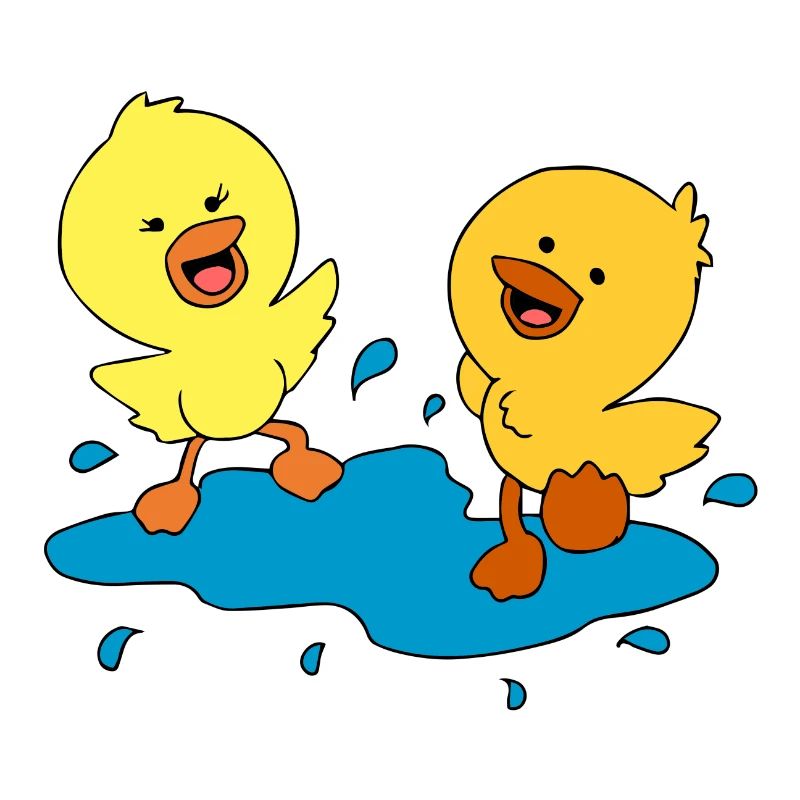 Cute ducklings splashing in a puddle