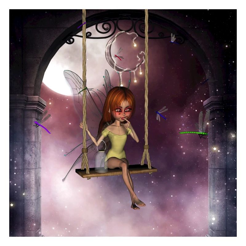 Petite fée sur une balançoire avec libellule