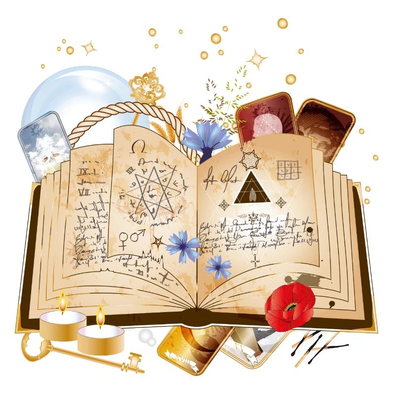 old book with spells & magic accessories