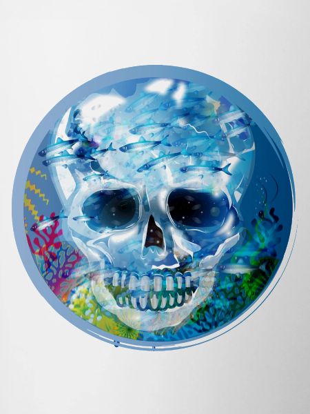 extravagant coloured skull under water