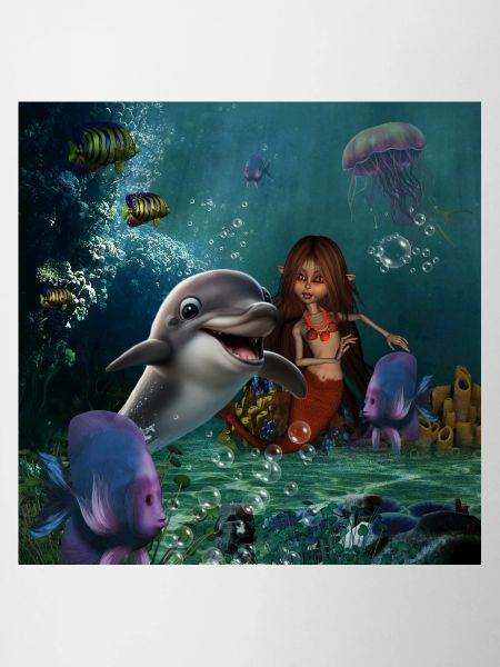 Sirène mignonne et dauphin drôle