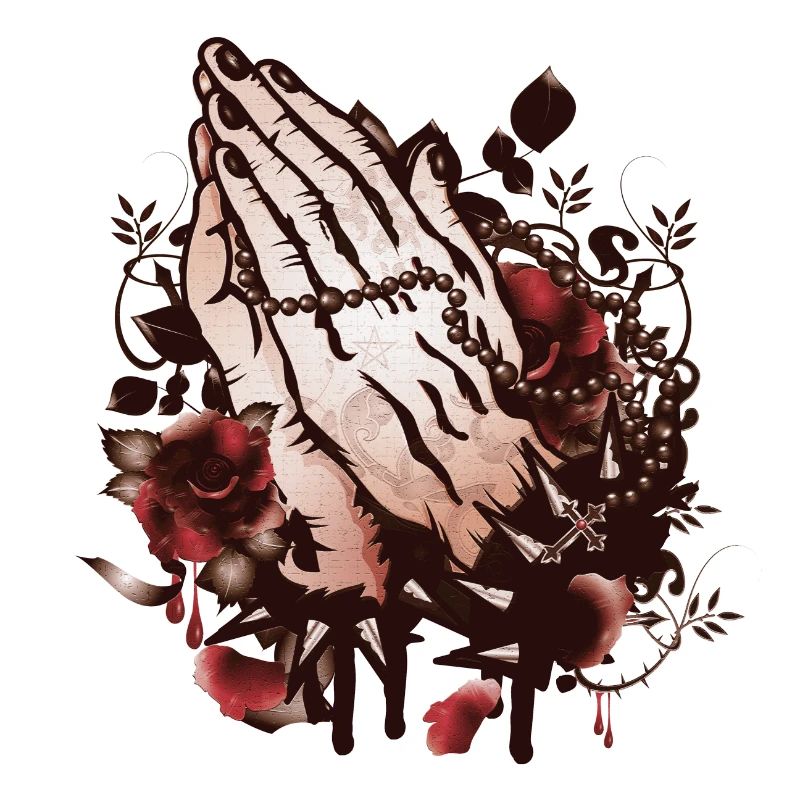 two hands praying with rosary and roses