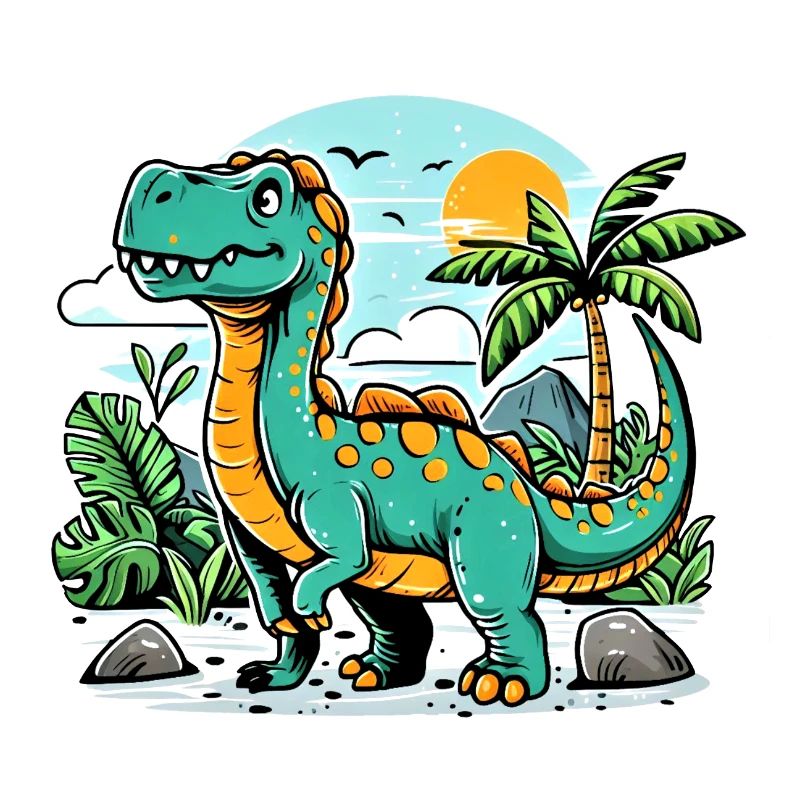 Dessin animé dinosaure avec coucher de soleil dans la jungle