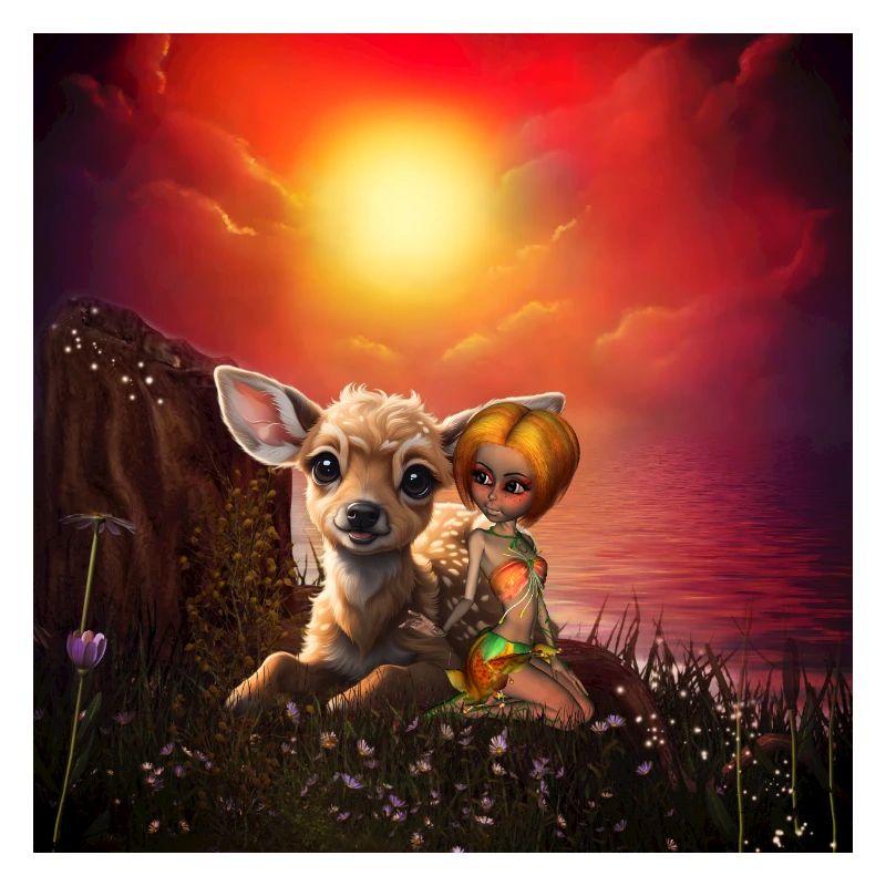 La petite fée et le faon mignon.