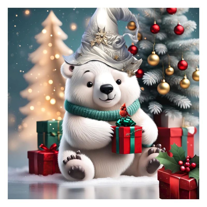 Niedlicher flauschiger Weihnachts-Eisbär mit Geschenk.