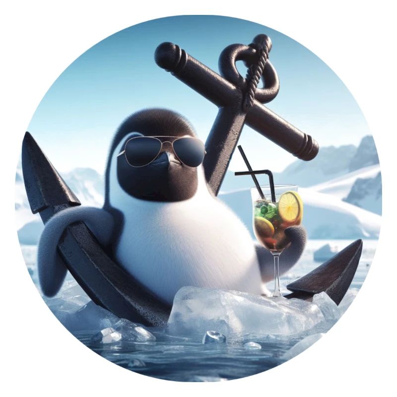 Comic Pinguin lehnt im Anker mit Cocktail