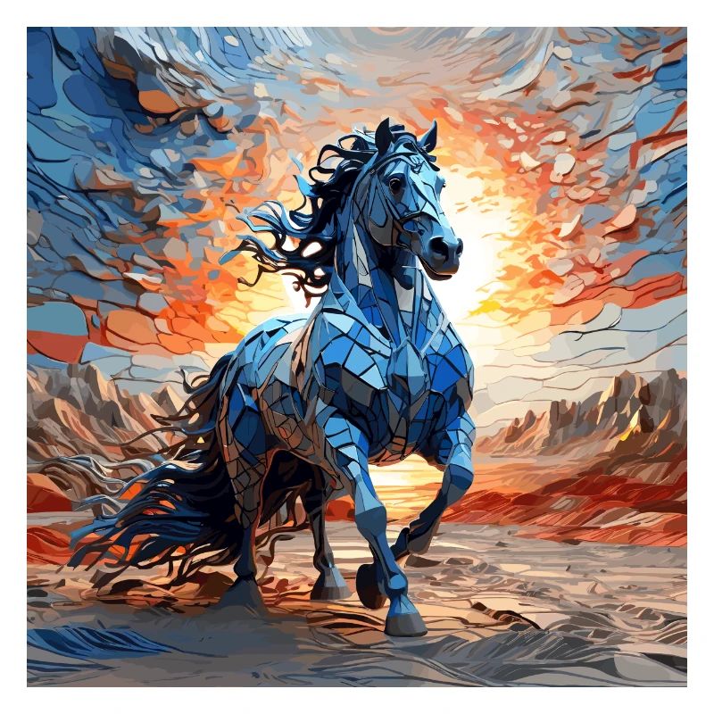 Cheval bleu abstrait au lever du soleil