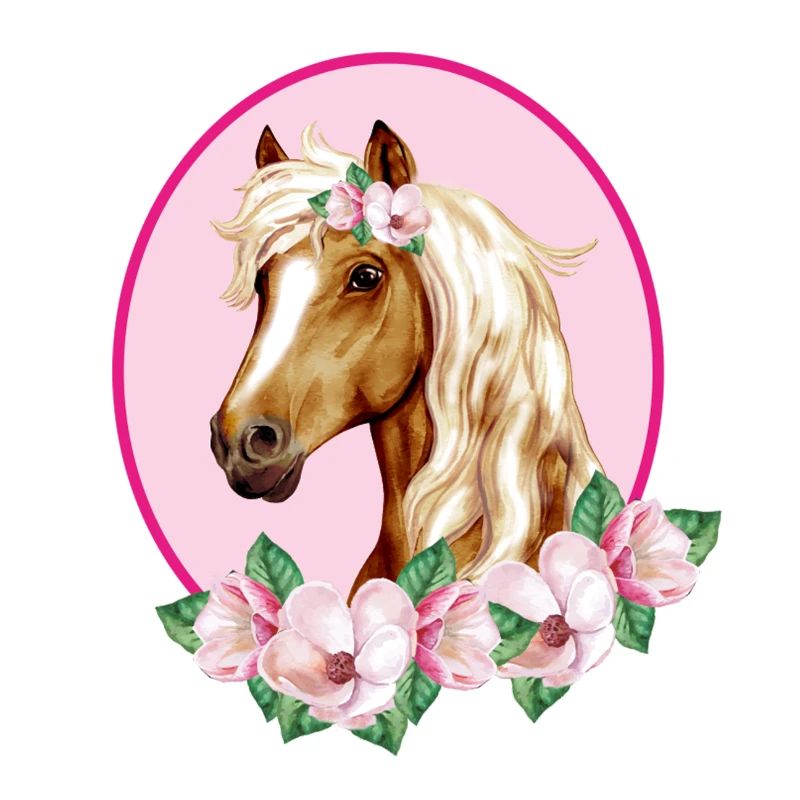 Cheval brun romantique - Fleurs roses