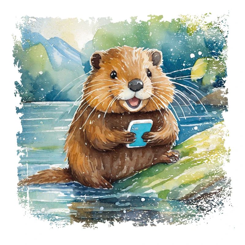 Cute young beaver with mobile phone