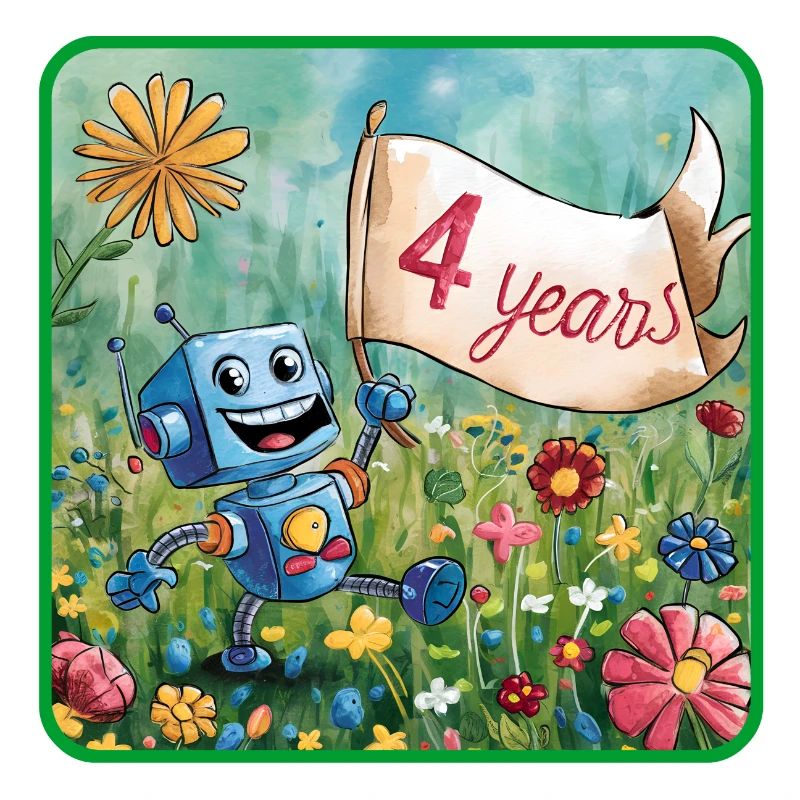 4 ans, 4e anniversaire robot sur prairie fleurie