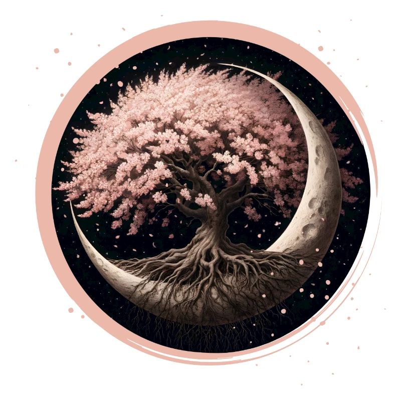 Elegant Cherry Blossom Bonsai Tree on Crescent Moon